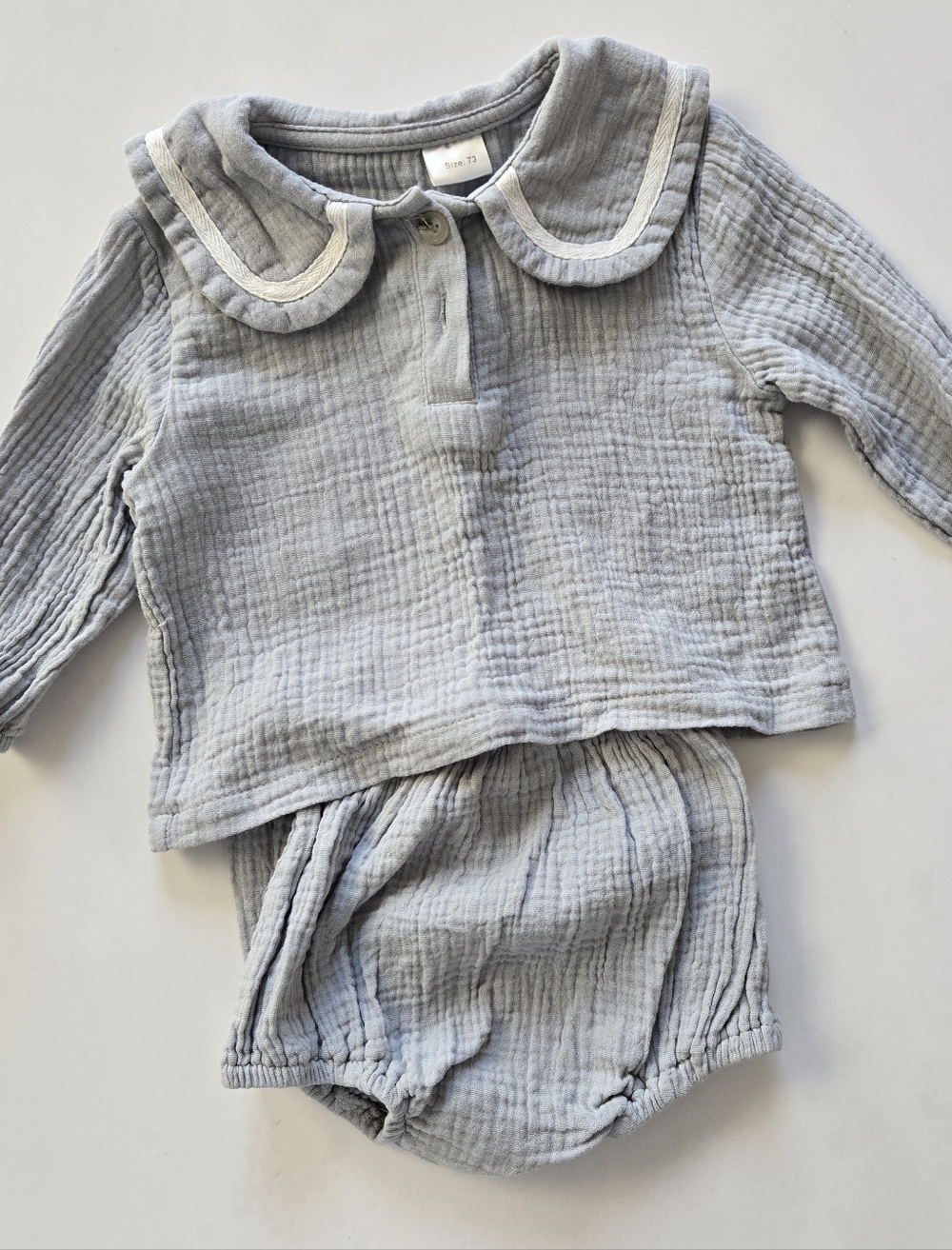 Light Blue Gray Gauze Two-Piece Baby Set with Sailor Collar 9-12m